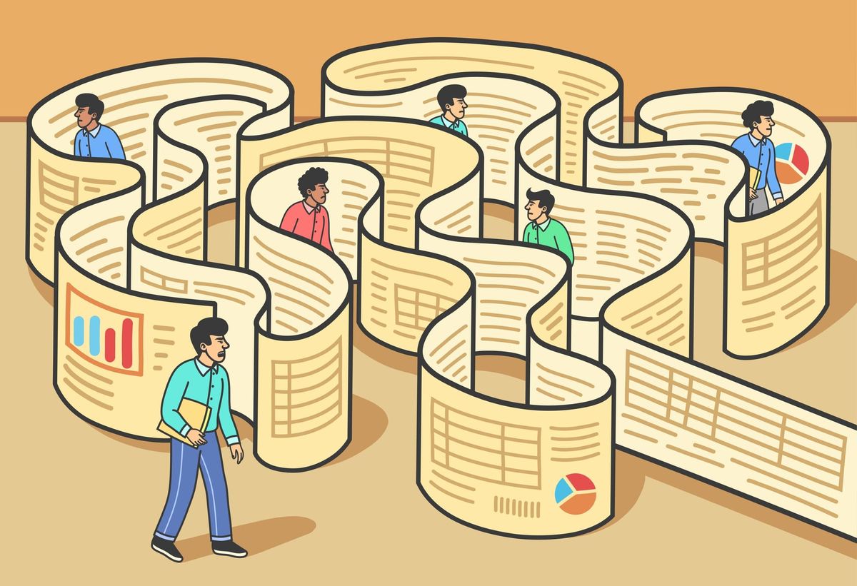 Illustration of people navigating a maze made of business reports and charts.
