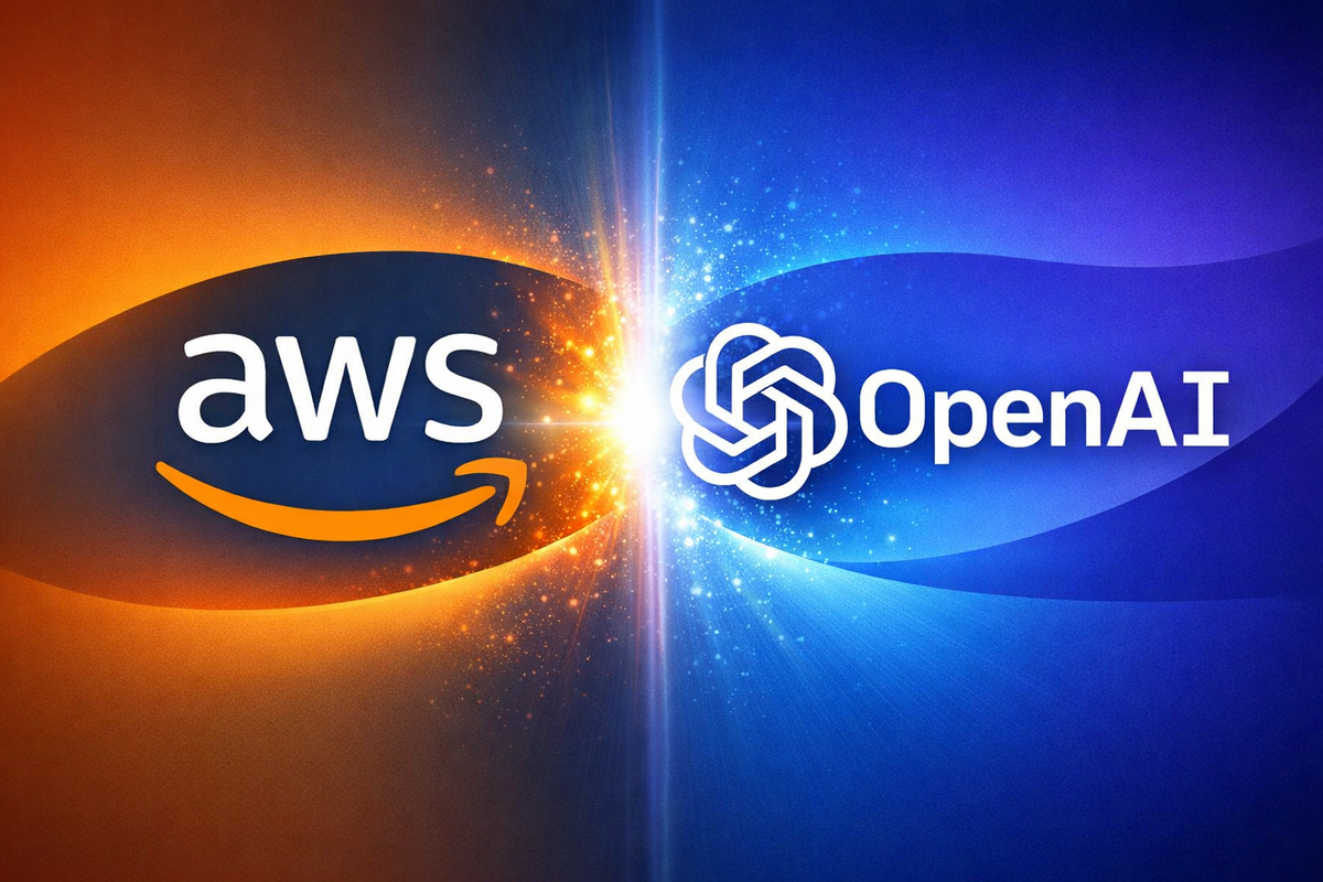 AWS and OpenAI logos facing each other against orange and blue backgrounds with a burst of light symbolizing partnership.