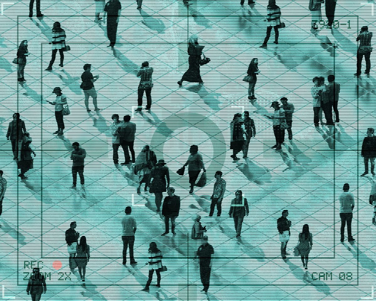 Overhead surveillance view of people walking across a plaza with camera graphic overlayed.