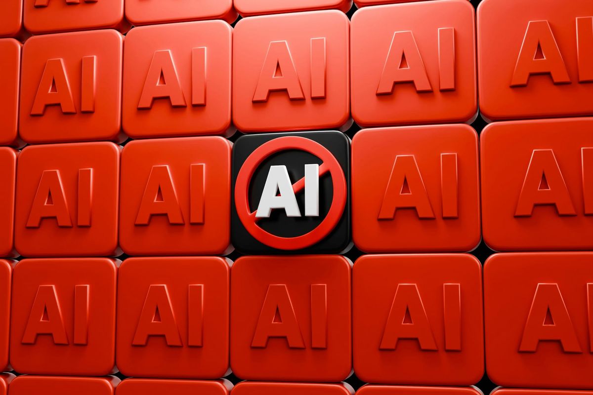 Red keyboard keys labeled “AI,” with one black key in the center marked “AI”  with slash.
