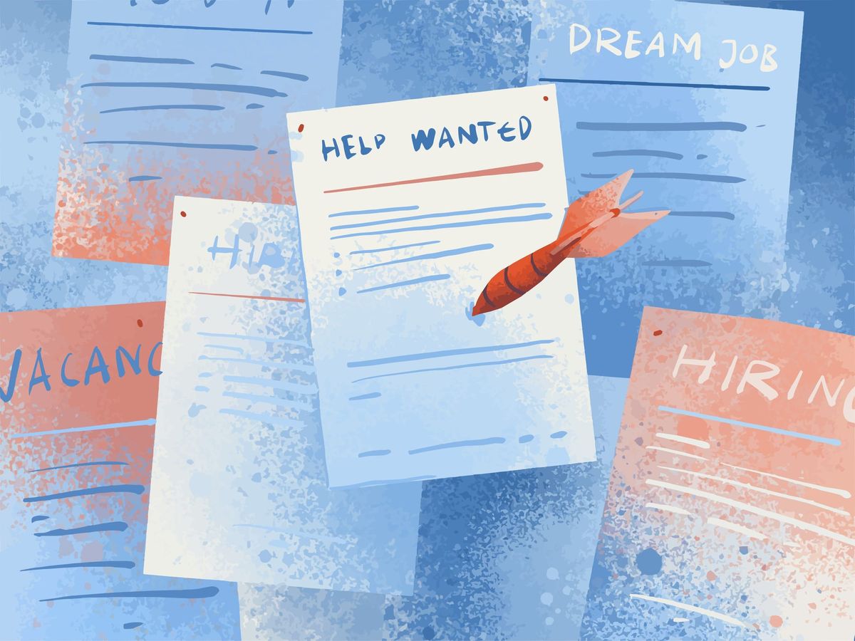 Illustrated job postings on a board with “Help Wanted” in focus and a dart stuck in the page