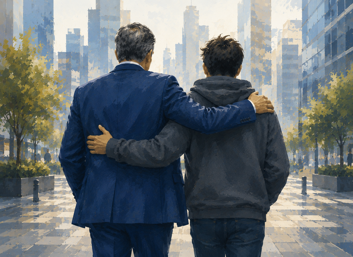 A man in a blue suit and a man in a hoodie walk arm in arm through a city.