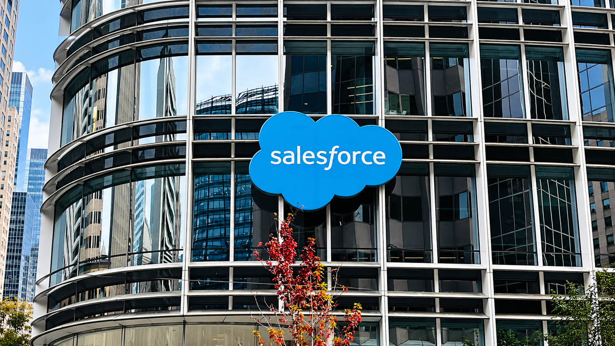 Salesforce cloud logo on the wall of Salesforce Tower in San Francisco.