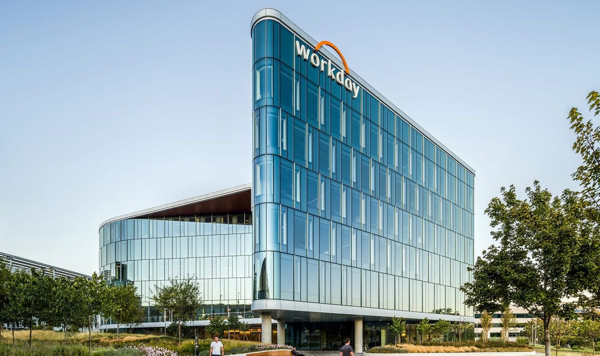 Glass building with Workday logo on the top