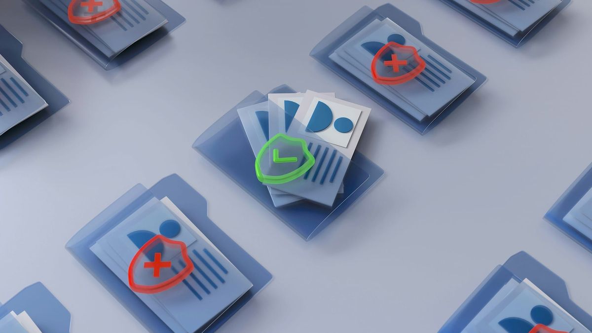 Digital folders marked with security warnings and approval symbols.