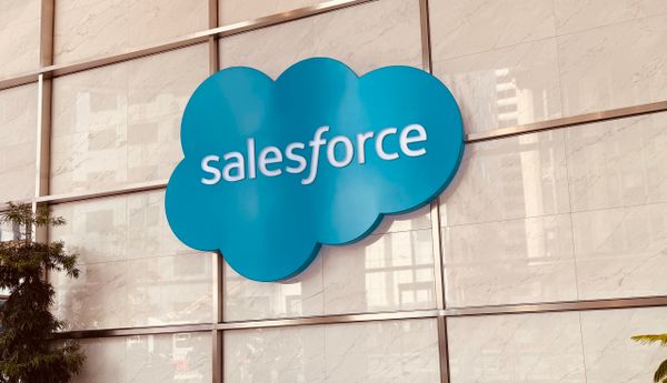 Salesforce logo on the wall of lobby of Salesforce Tower in SF.