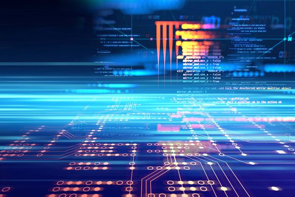 Abstract image of code and digital circuitry on a blue background.