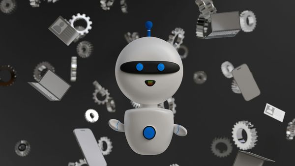 White cartoon robot with blue accents surrounded by floating gears, laptop, phone and documents against a dark background.