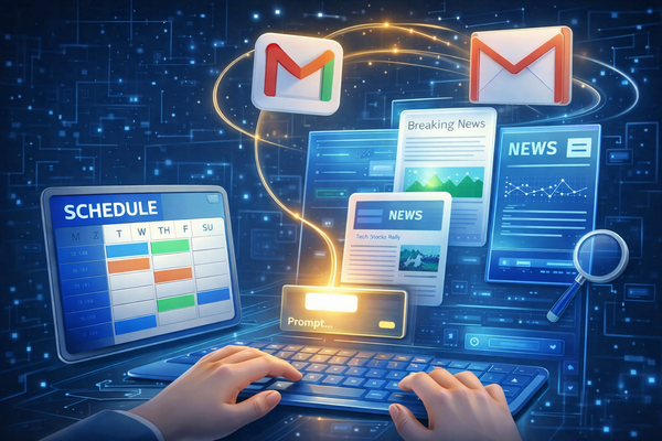 Workflow connects a schedule, news sources and Gmail for automated headline delivery.
