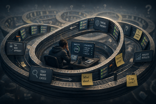 Developer stuck in an endless AI testing loop around his desk.