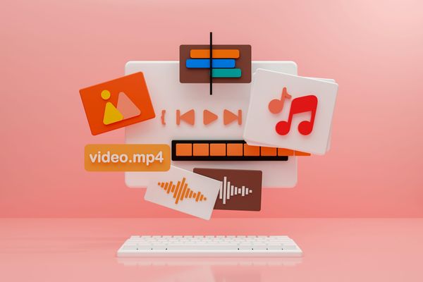 3D illustration of multimedia file types including video, image, and audio icons against a pink background