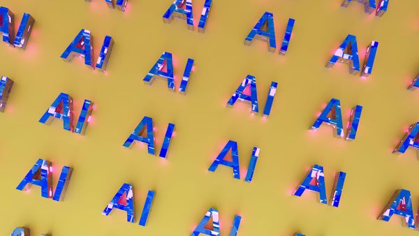 Pattern of 3D “AI” letters scattered on a yellow background with glowing accents
