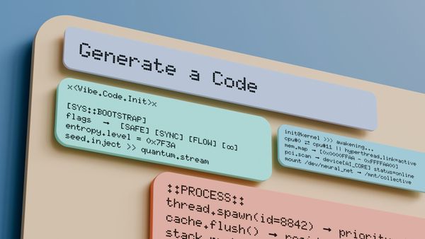 Stylized AI code generation interface with colorful code blocks.