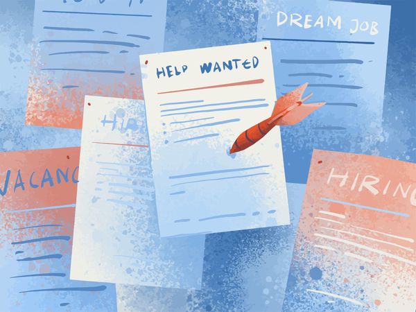 Illustrated job postings on a board with “Help Wanted” in focus and a dart stuck in the page