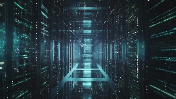 Data center corridor with glowing teal server racks and digital light effects.