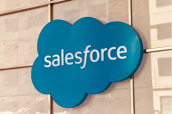 Salesforce cloud logo on the wall of Salesforce Tower in San Francisco.