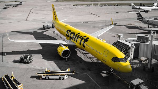 Spirit Airlines plane parked at an airport gate.