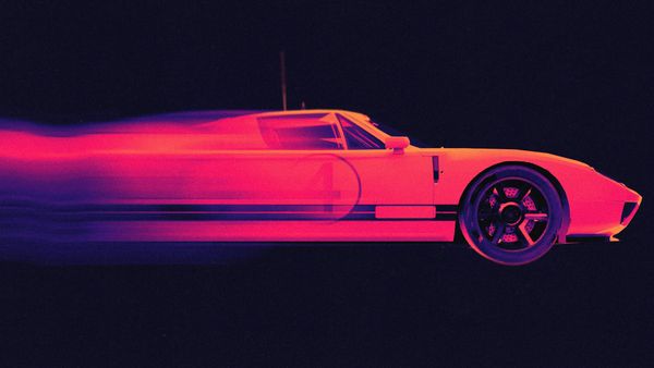 Neon-lit sports car speeding through the dark, leaving a red and purple motion blur behind it.