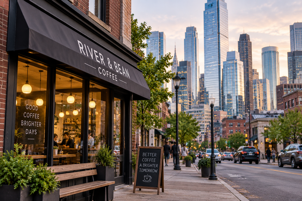 City scene with coffee shop in brick building in foreground with skyscrapers in background.