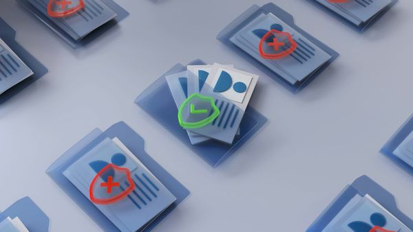 Digital folders marked with security warnings and approval symbols.