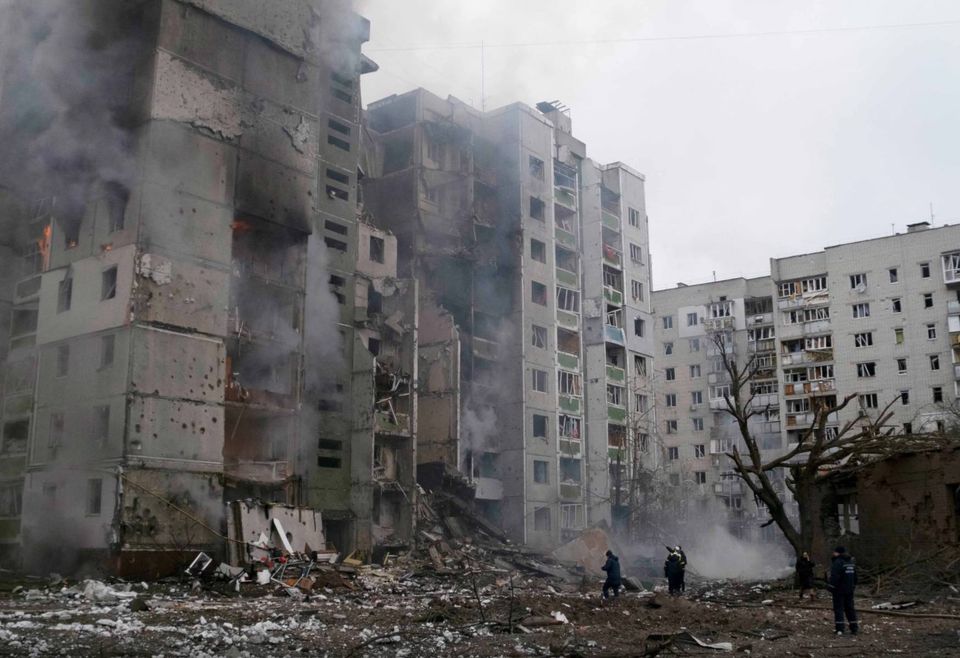 Destroyed civilian housing in Chernikiv in the first week of the Ukraine war. (Credit: AP / Getty Images)
