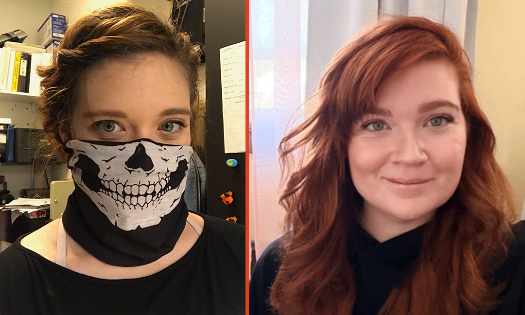 two portraits of a white women. in one she has dark blond hair and a black skull mask covers the lower half of her face. In the other, she is wearing a black sweater, her hair is ginger red and she is smiling into the camera.