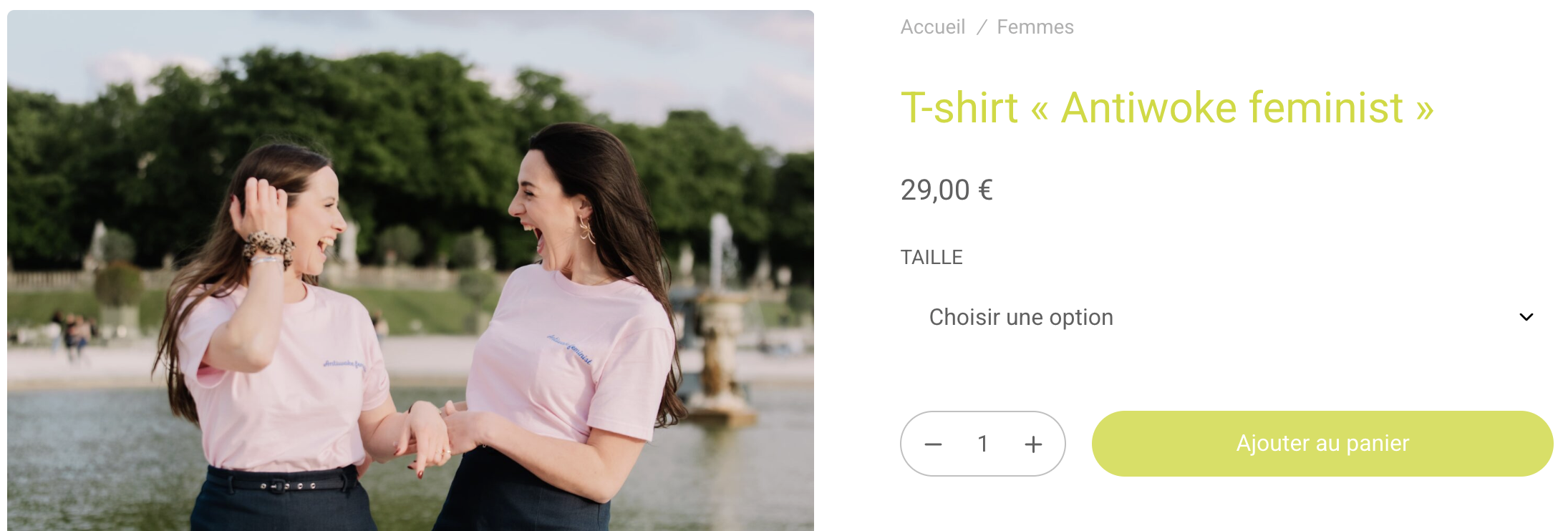 screenshot of item page on web shop. on left, two young women with long brown hair are wearing light pink t-shirts, black shirts and are turned to each other, laughing. on the right is the description of the item they're selling:"t-shirt: antiwoke feminist"; price: 29 euro.