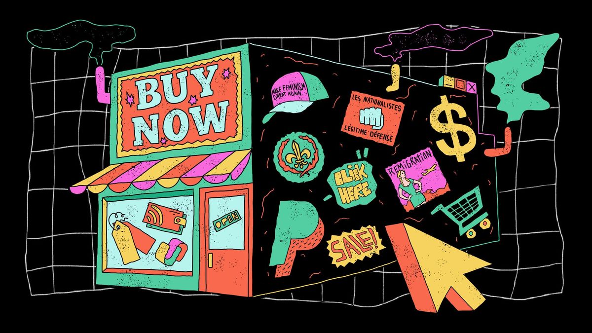 A brightly coloured shop against a black background that states BUY NOW on its exterior. On the outside of the shop are colourful symbols relating to payment processing.