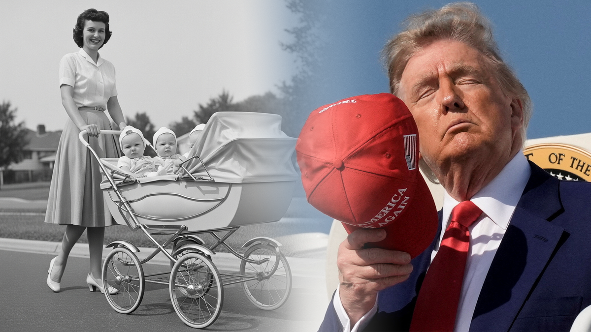 On the left is a black and white image of a woman pushing a baby pram, and on the right is Donald Trump holding a red cap wit