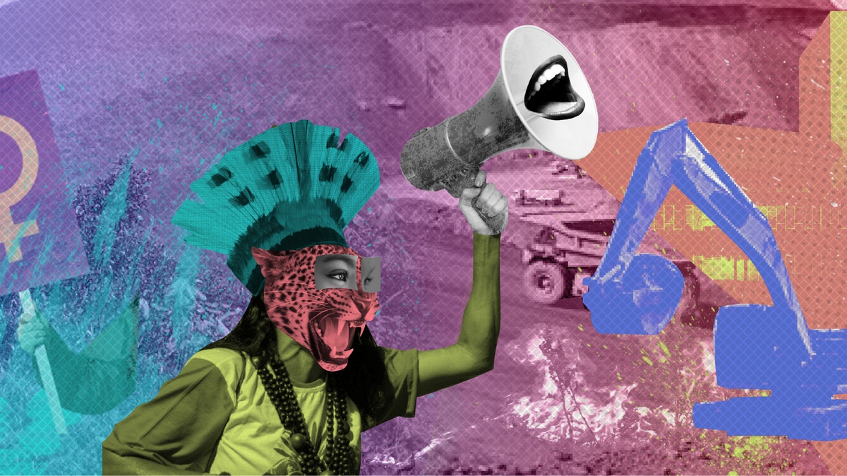 Colourful collage image of an Indigenous person holding a loudspeaker