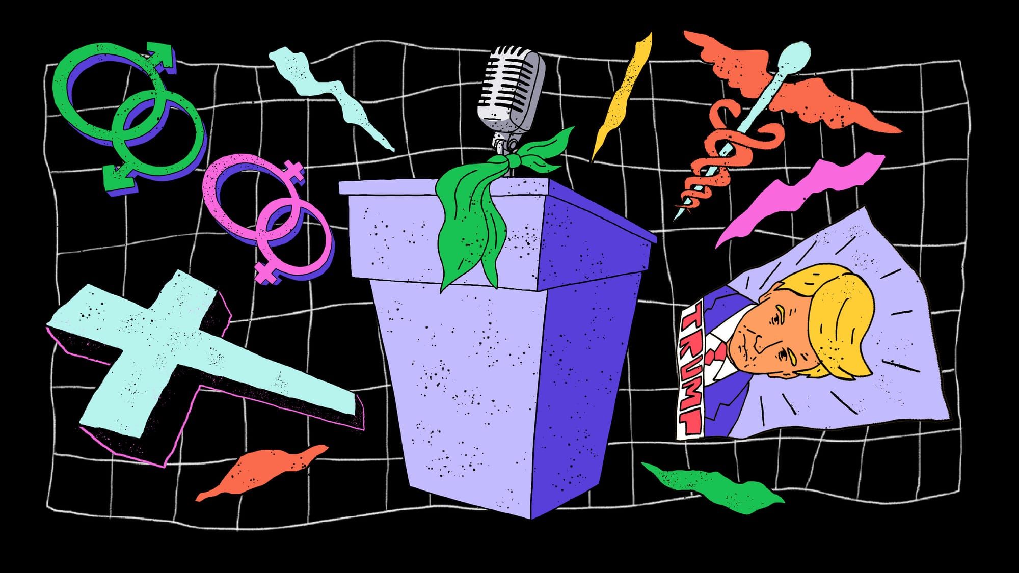 Black grid background with an illustrated purple podium in the centre, with a mic and emblems of the far right surrounding them