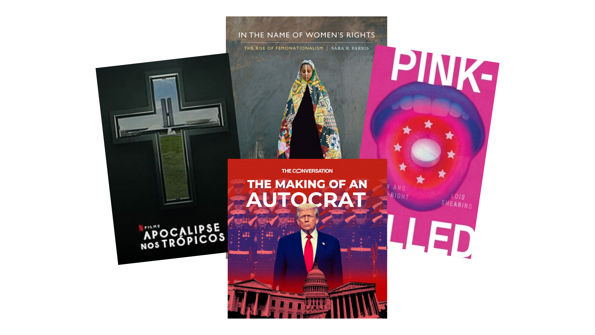 Composite image of book covers, a podcast cover and a film poster from our Far Right research box