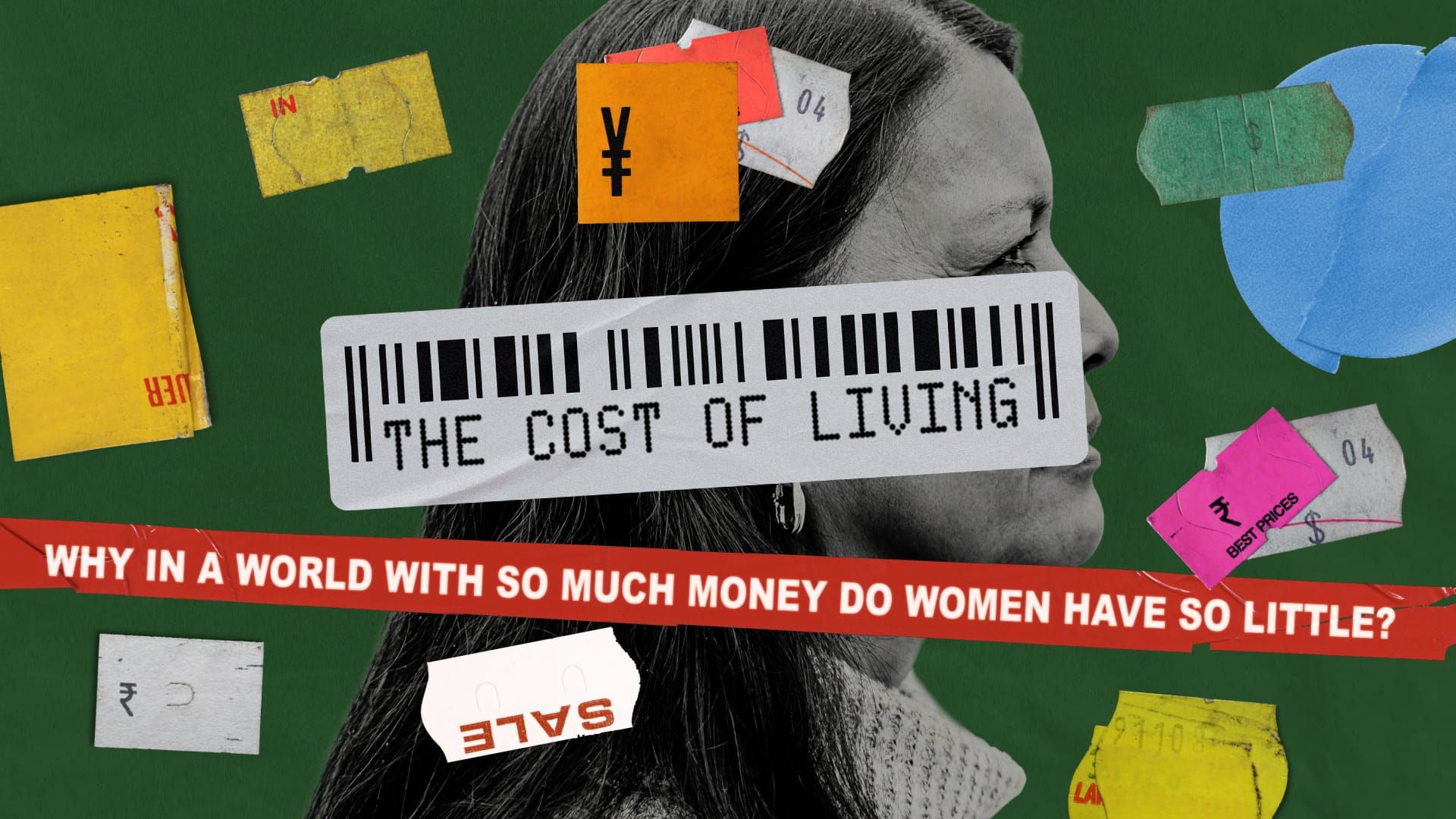 Black and white image of women in profile. Across her face and the width of the picture are price stickers. In the middle, a bar code with the title: The Cost of Living. 