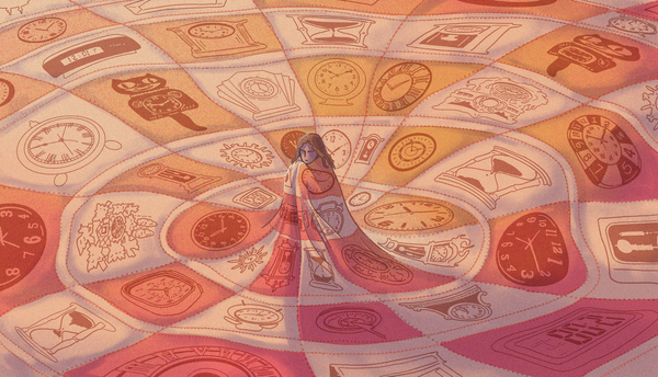 Illustration of person with long hair, wrapping a large quilt with clock motifs around their body.