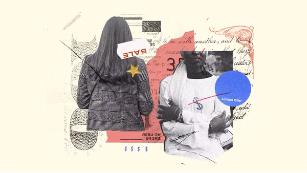 Collage of women with 'sale' and 'limited offer' stickers layered over them