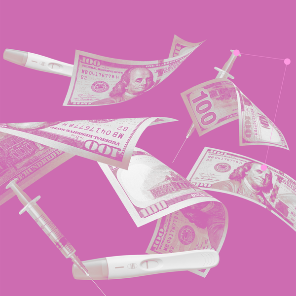 Pregnancy tests, syringes and banknotes illustrating the fertility industry