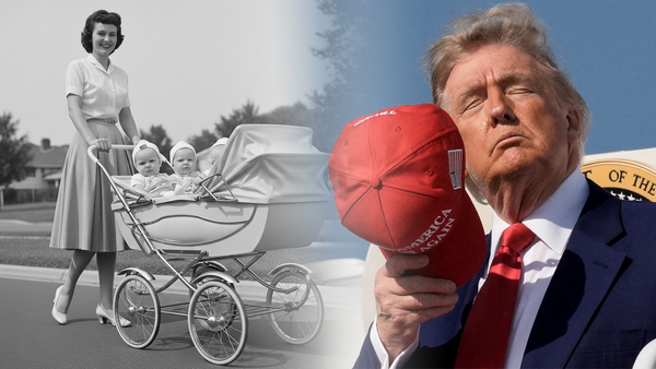 On the left is a black and white image of a woman pushing a baby pram, and on the right is Donald Trump holding a red cap wit