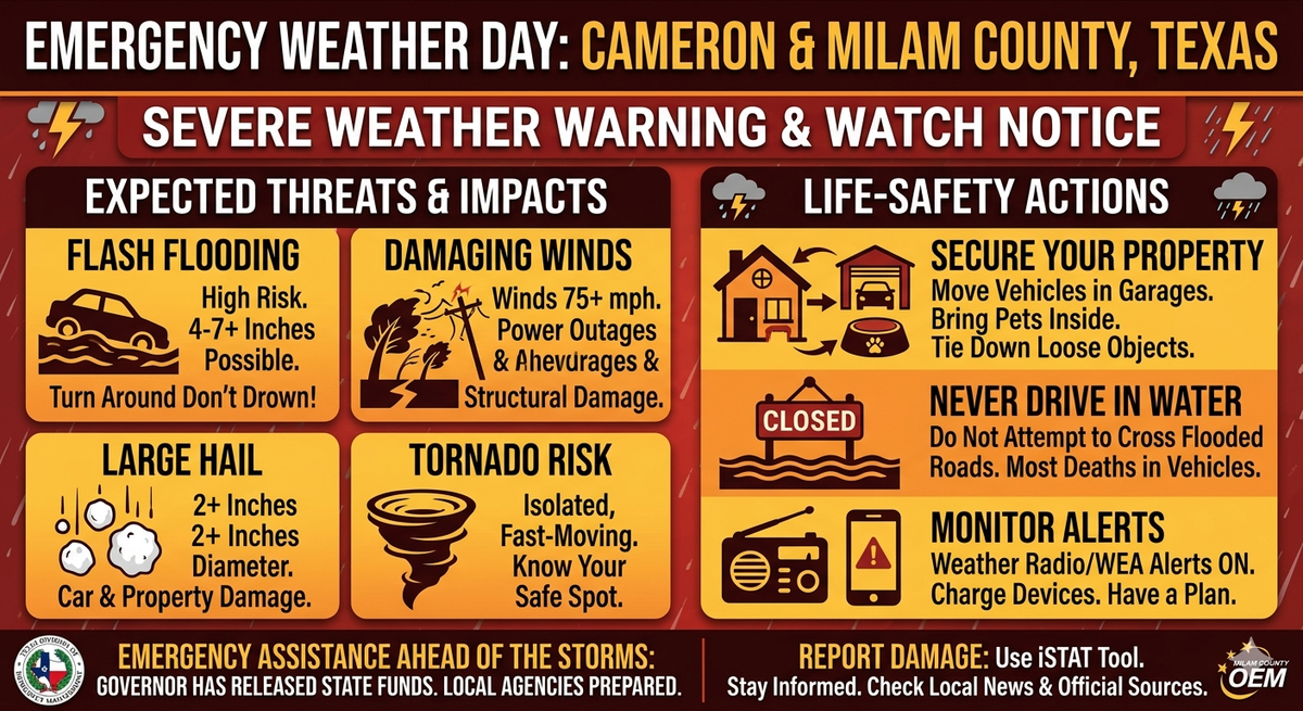 VOLATILE COLD FRONT TRIGGERS MULTI-DAY SEVERE WEATHER WARNINGS IN CAMERON AND MILAM COUNTY; STATE RESOURCES DEPLOYED