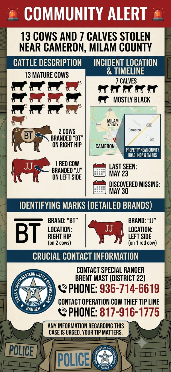 COMMUNITY ALERT: 20 Head of Cattle Reported Stolen Near Cameron
