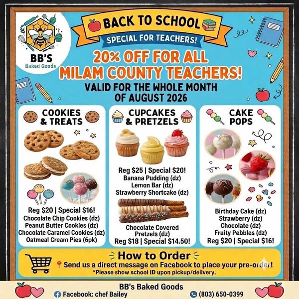 BB's Baked Goods Back To School Special - 20% off for Teachers
