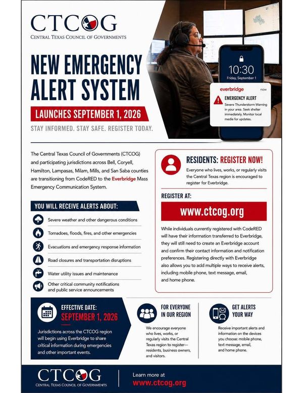 Milam County and CTCOG Transitioning to Everbridge Emergency Alert System Effective Sept. 1