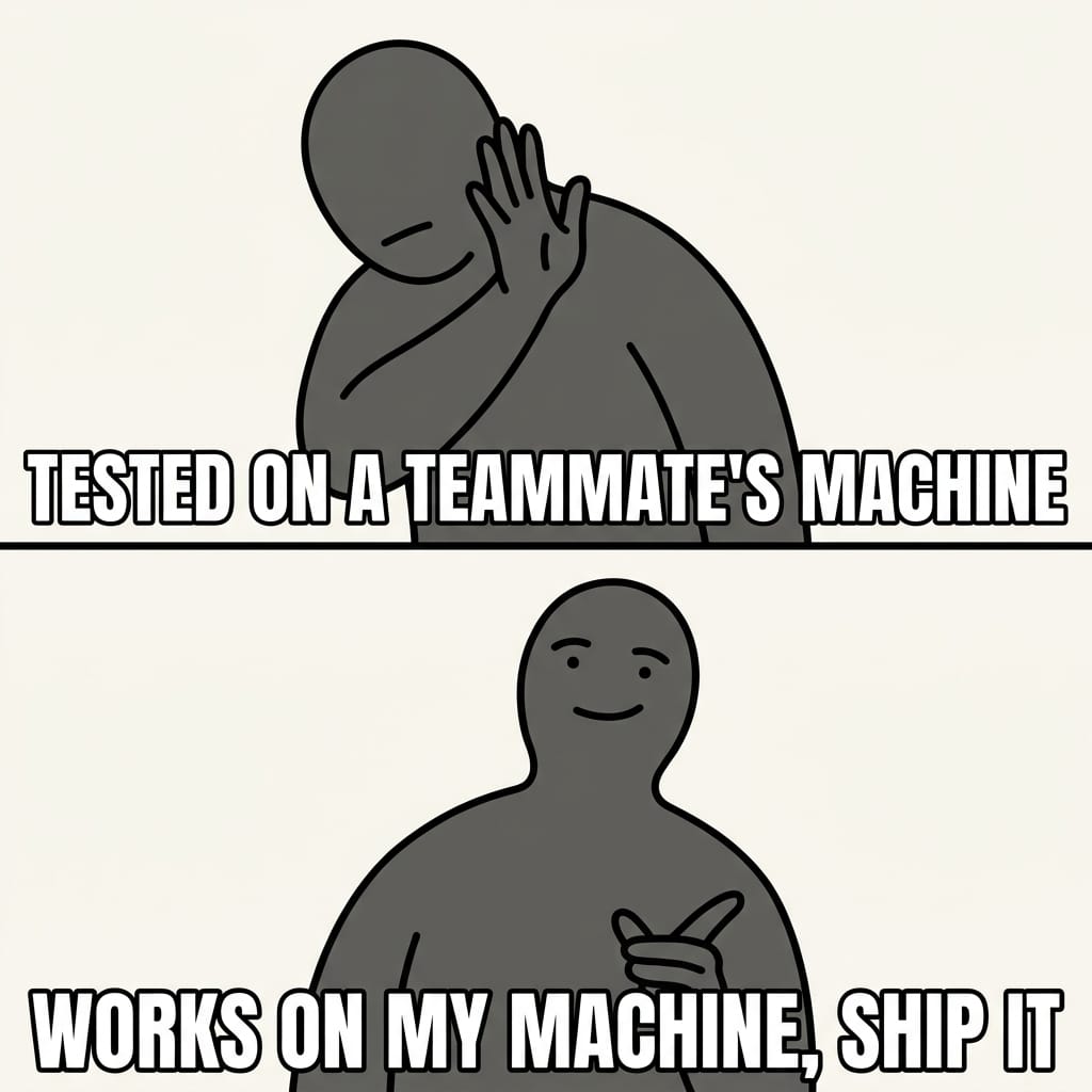 Tested on a teammate's machine vs works on my machine, ship it