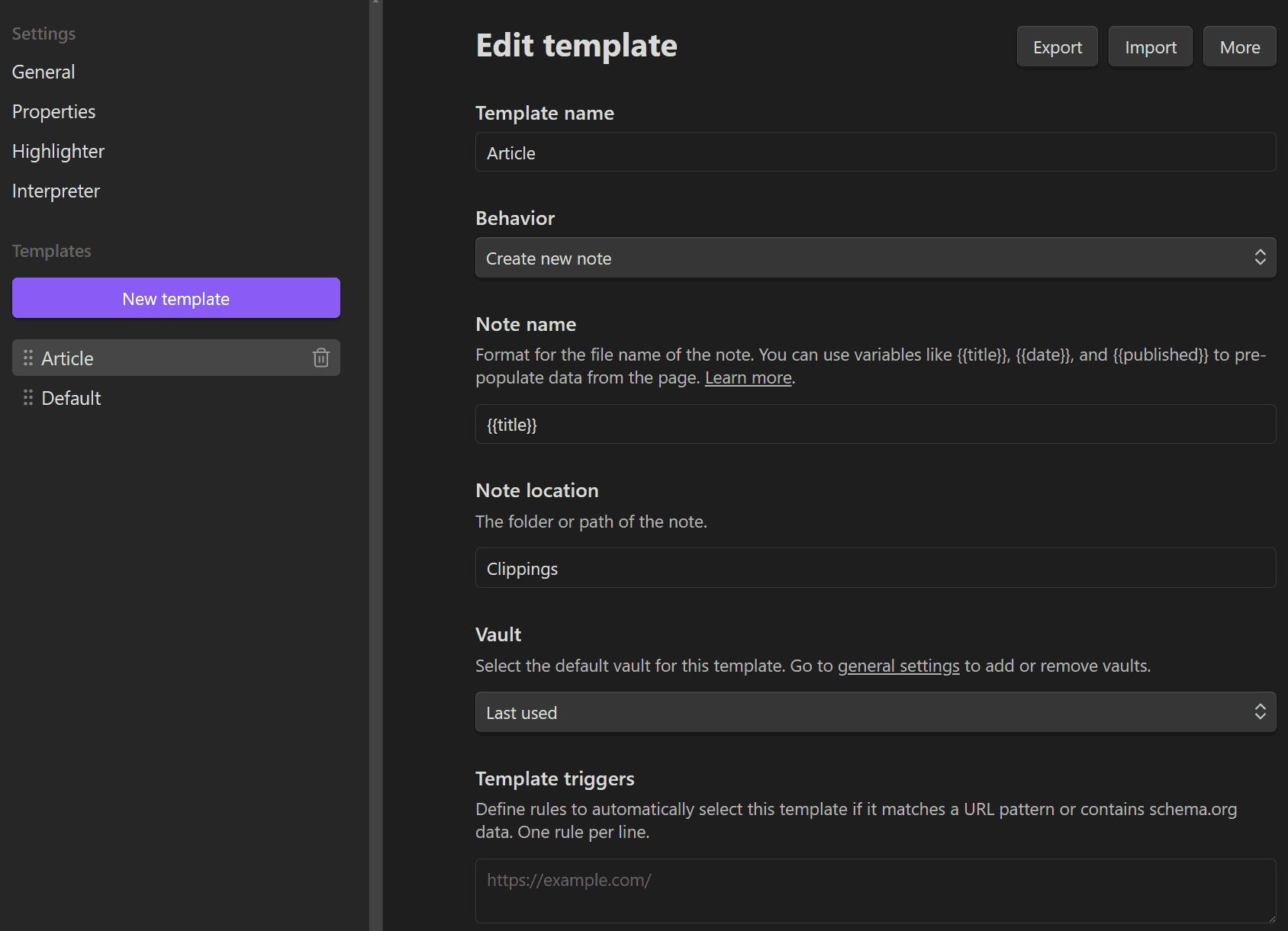 Obsidian Web Clipper - capture templates