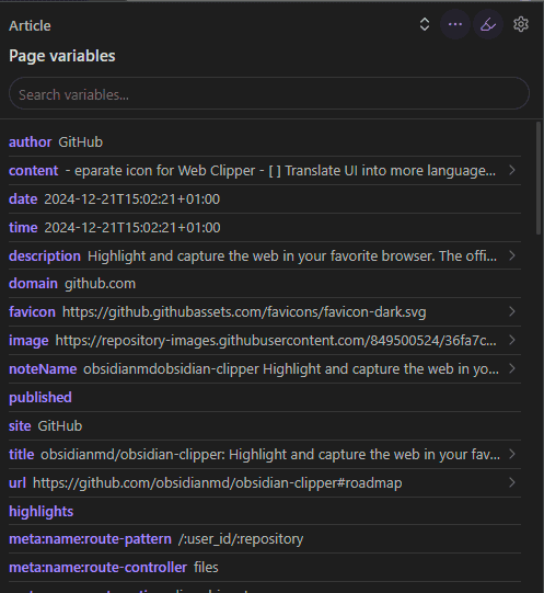 Obsidian Web Clipper - page variables list