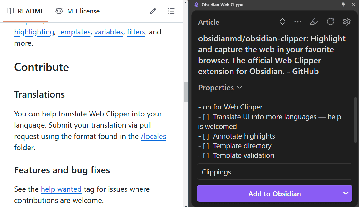 Obsidian Web Clipper - side panel