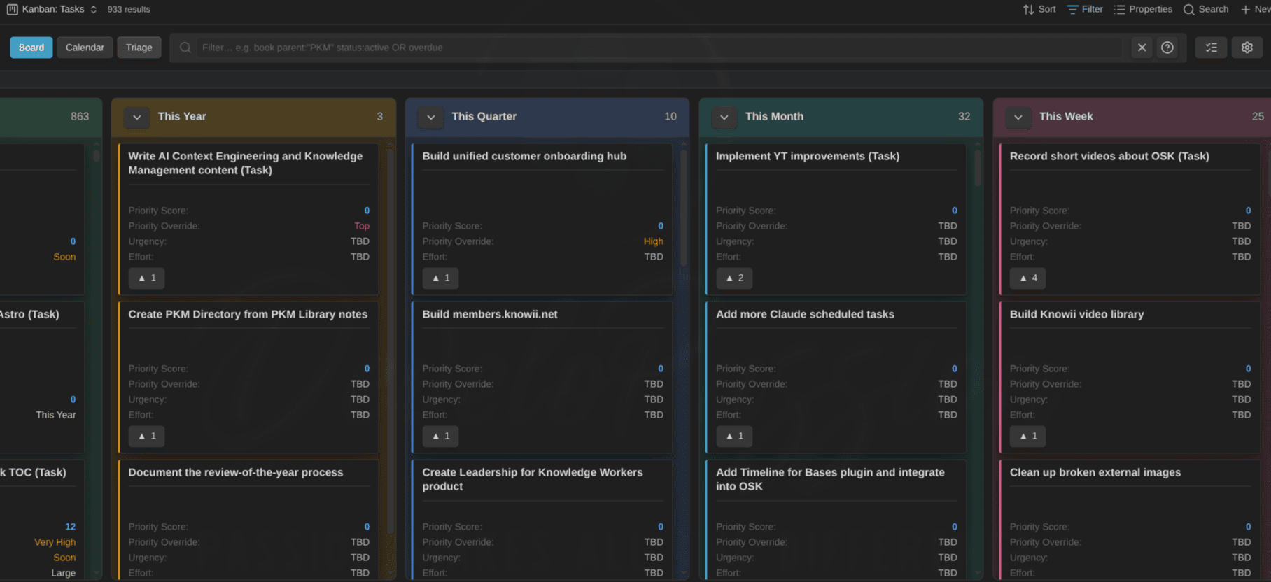 The Kanban Action Planner rendering my action system as a board; every column is a status value