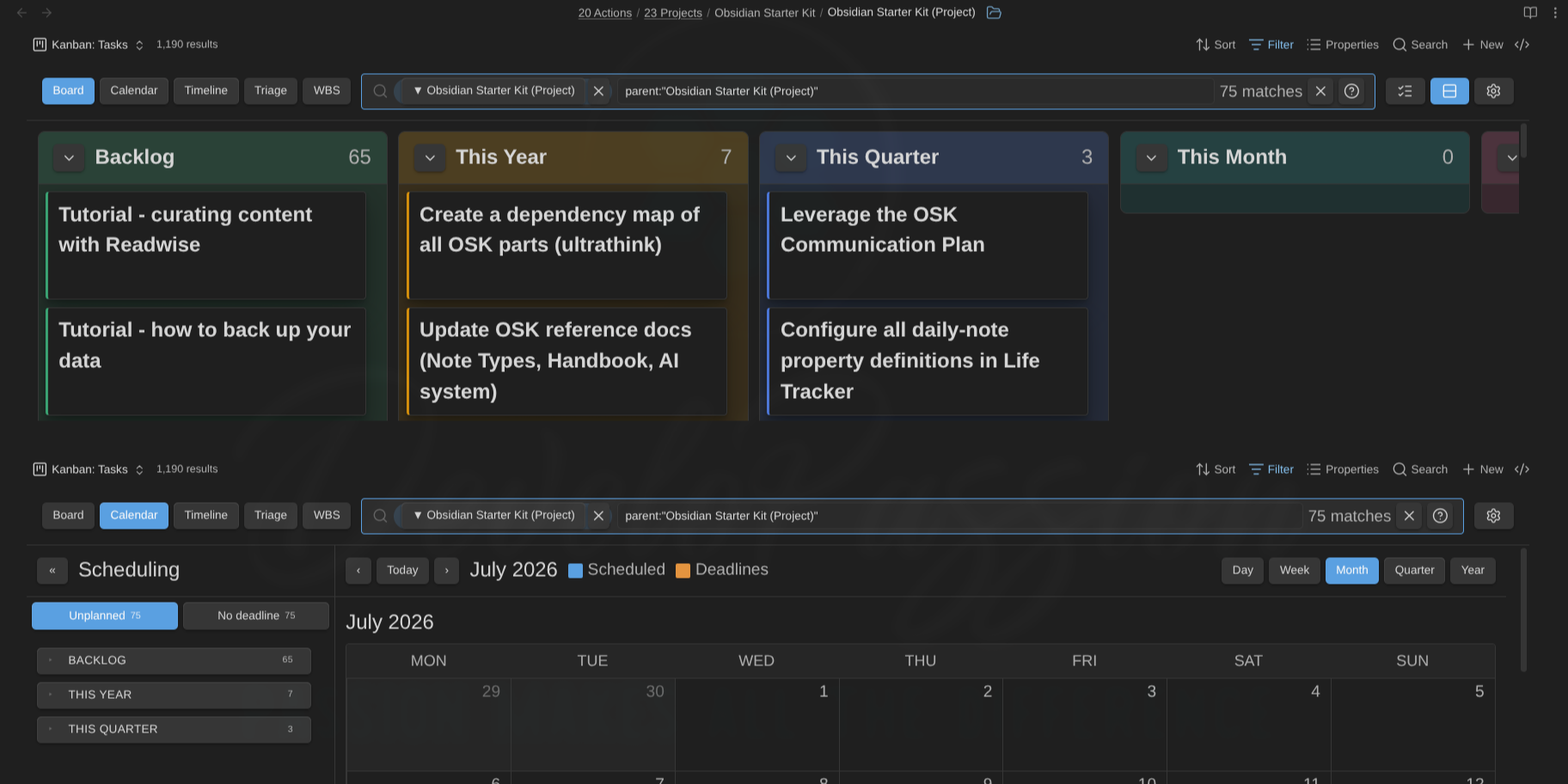 Kanban Action Planner plugin for Obsidian - Embed different modes