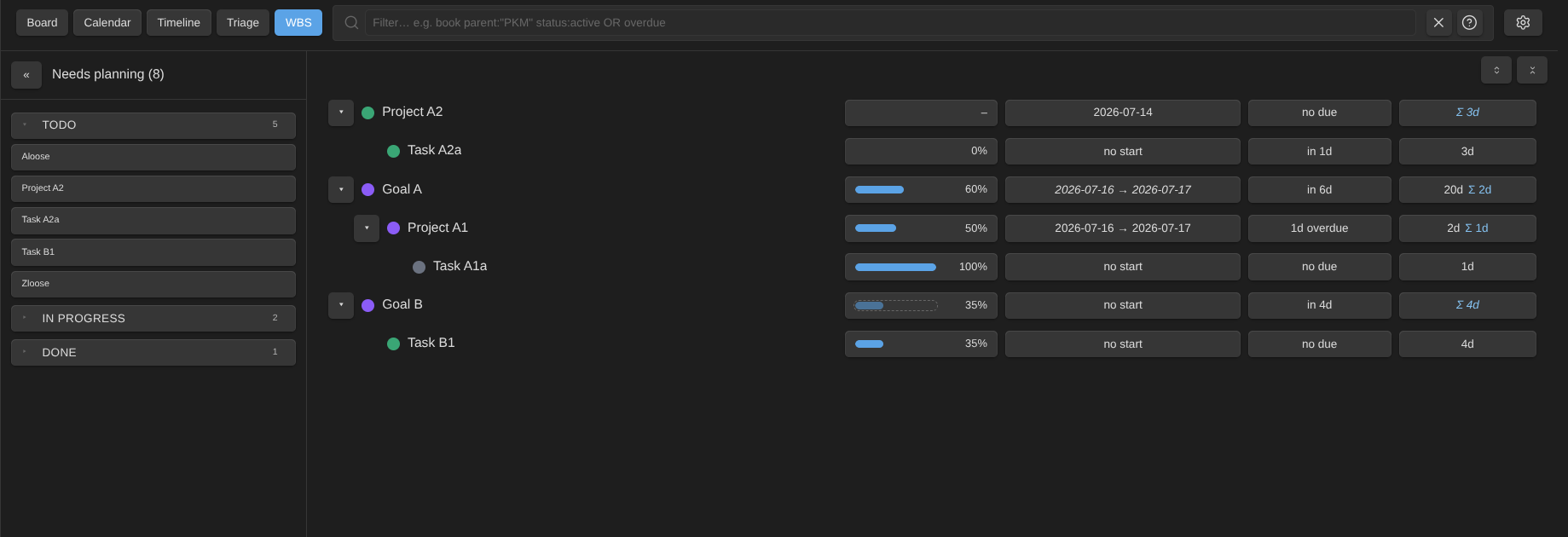 Kanban Action Planner plugin for Obsidian - WBS mode