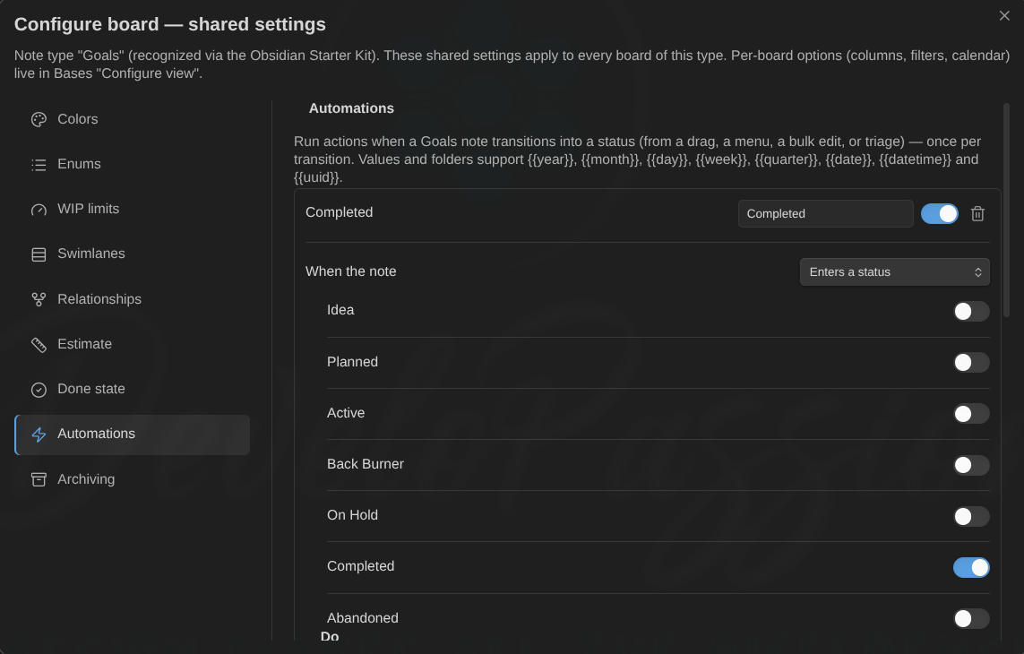 Kanban Action Planner plugin for Obsidian - automation rules
