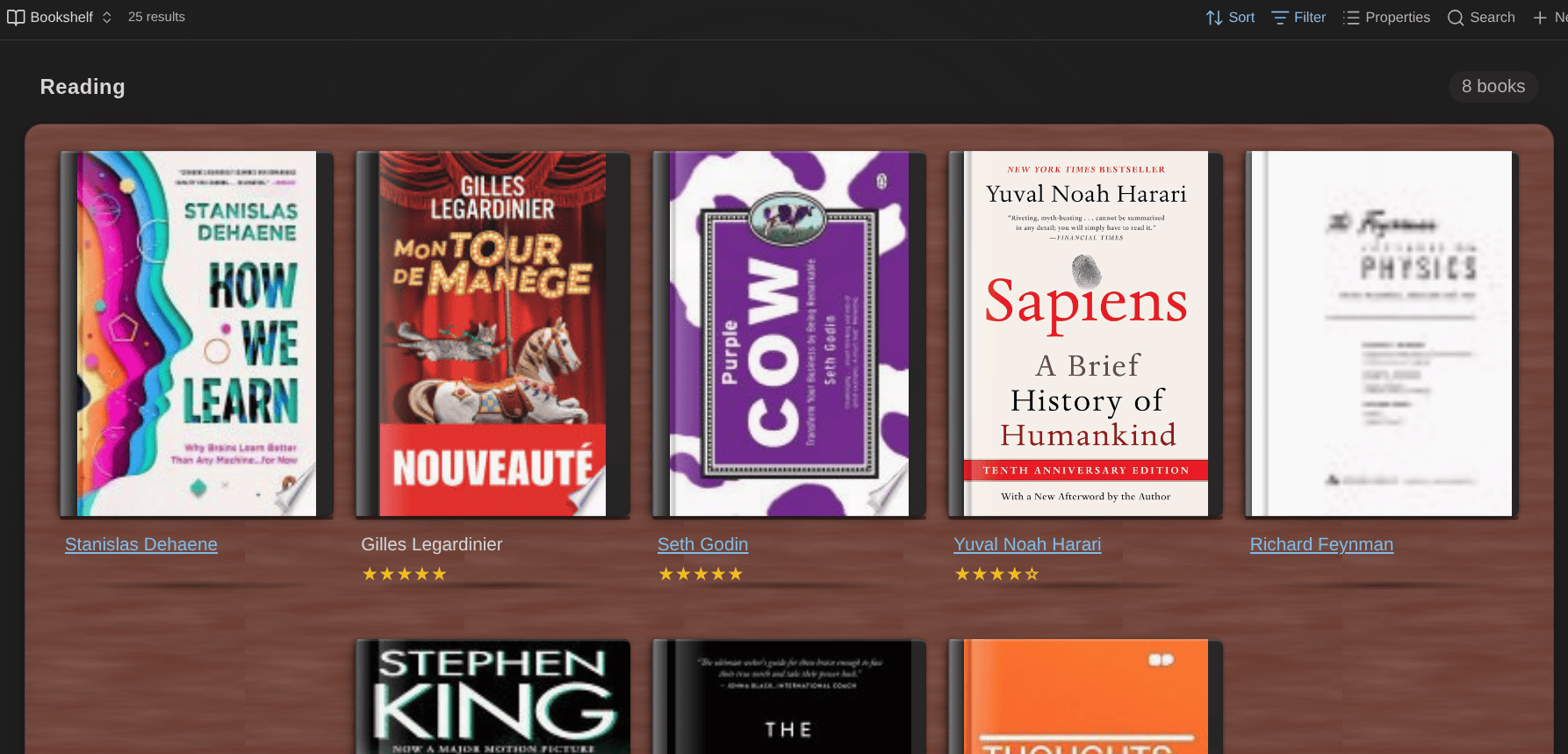 The Bookshelf plugin rendering my book notes as a bookshelf, entirely driven by their properties